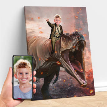 Personalisiertes Portrait mit Dino vom Foto - Originelle Dino Geschenke für kleine und große Dinosaurier Fans